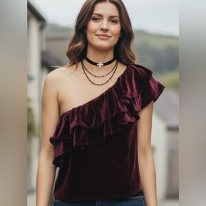 MISA Los Angeles One Shoulder Ruffle Deep Purple Top Size Medium NWT